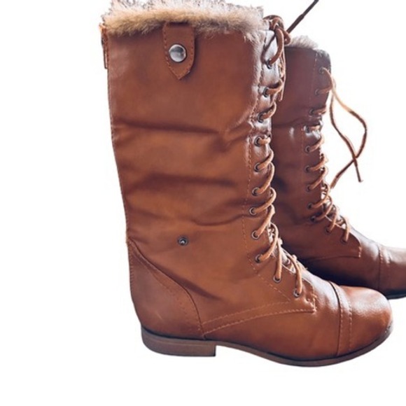 Bumper Womens Tan Faux Leather Lace Up Fur Lined Combat Boots Ankle Mid Calf - Picture 8 of 12